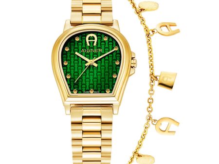 Aigner Alba Ladies Green Dial Stainless Steel Gold Plated Watch Fashion