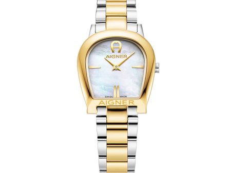 Aigner Alessandria Ladies White MOP Dial Stainless Steel Silver Gold Plated Watch For Sale